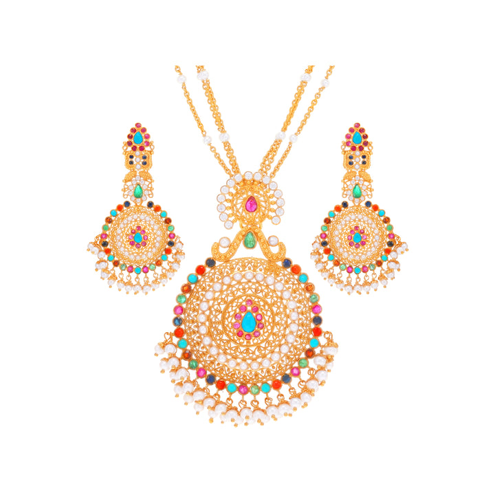 Gorgeous Antique Pendant Set With Navratan & Gemstones in 22K Gold