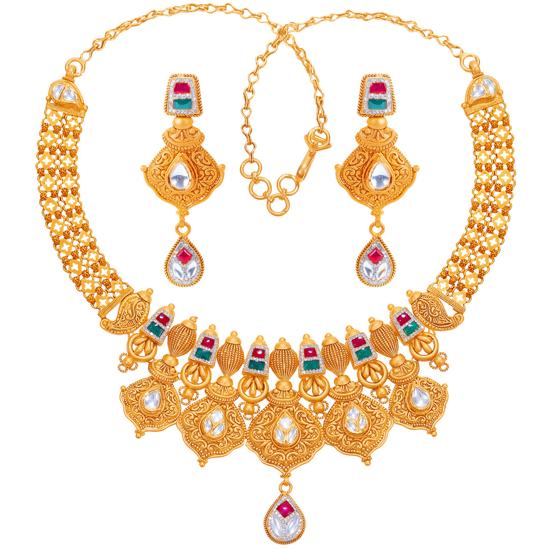 Precious Antique Necklace Set With Kundan & Gemstones in 22K Gold