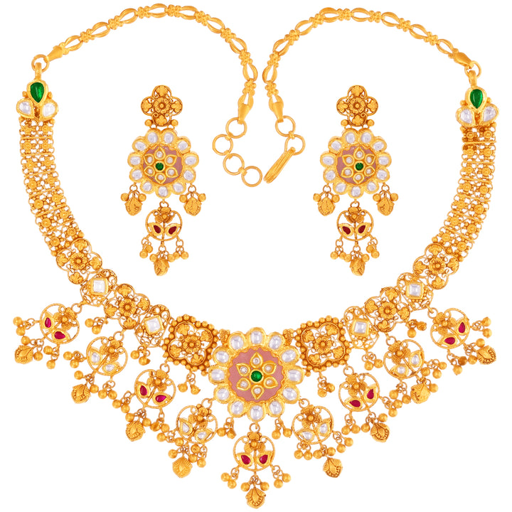 Endearing Antique Necklace Set With Kundan & Gemstones in 22K Gold