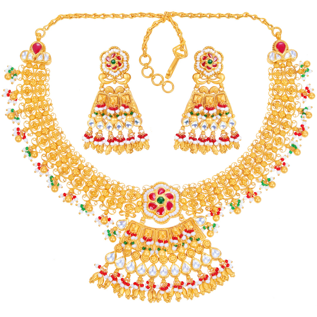 Intriguing Antique Necklace Set With Kundan & Gemstones in 22K Gold