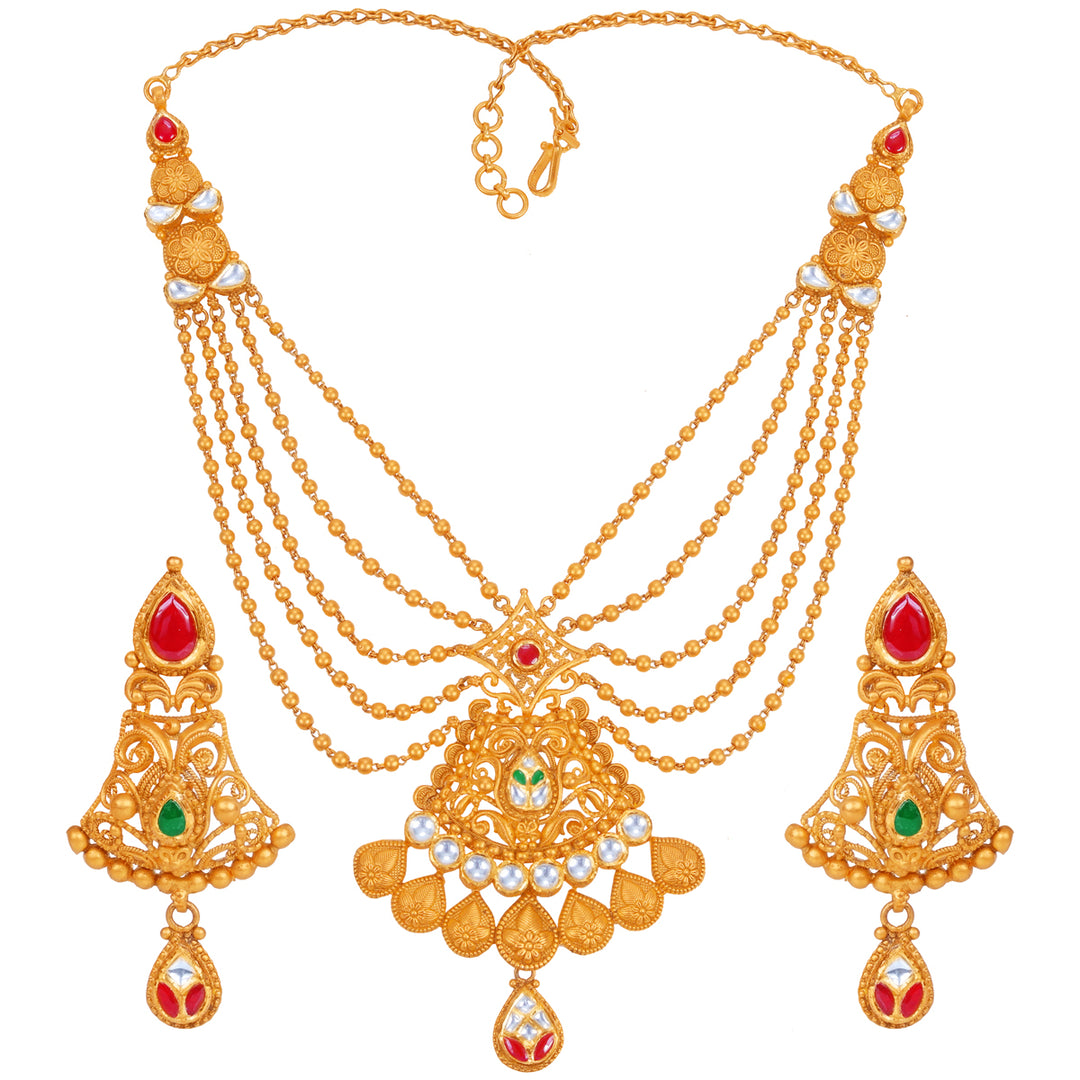 Glamorous Antique Necklace Set With Kundan & Gemstones in 22K Gold