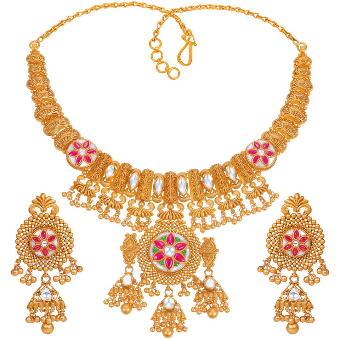 Enchanting Antique Necklace Set With Kundan & Gemstones in 22K Gold