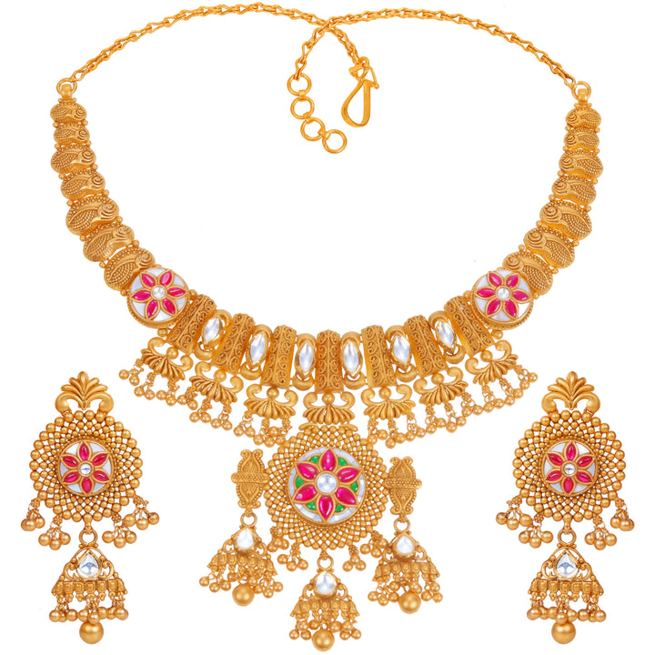 Enchanting Antique Necklace Set With Kundan & Gemstones in 22K Gold