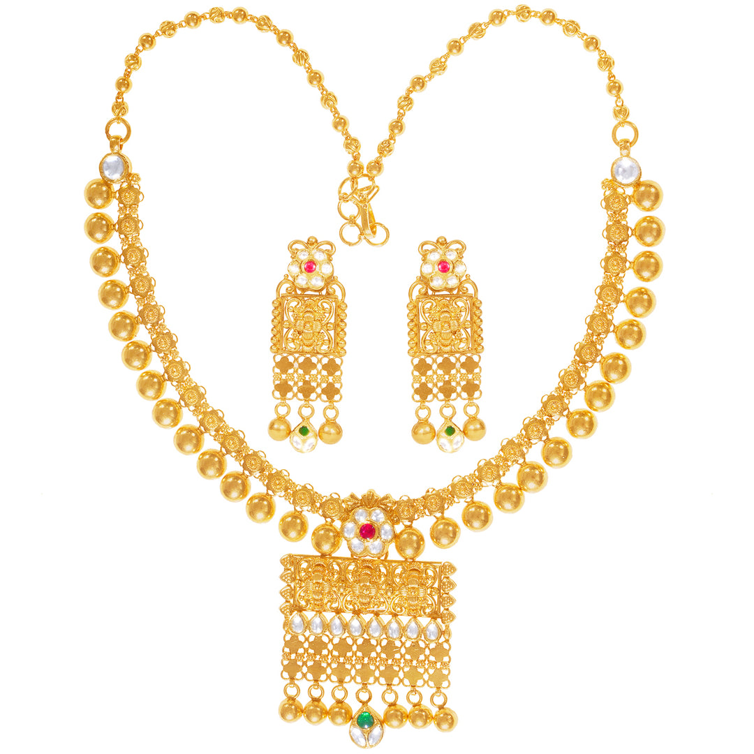 Classic Antique Necklace Set With Kundan & Gemstones in 22K Gold