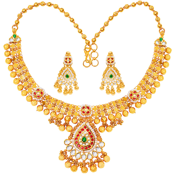 Subtle Antique Necklace Set With Kundan & Gemstones in 22K Gold