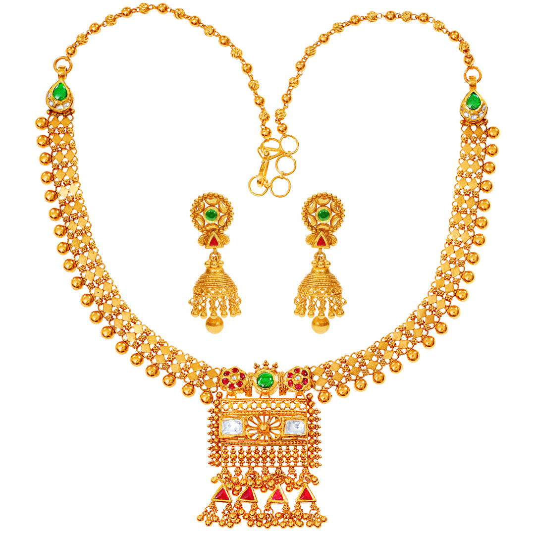 Ornate Antique Necklace Set With Kundan & Gemstones in 22K Gold