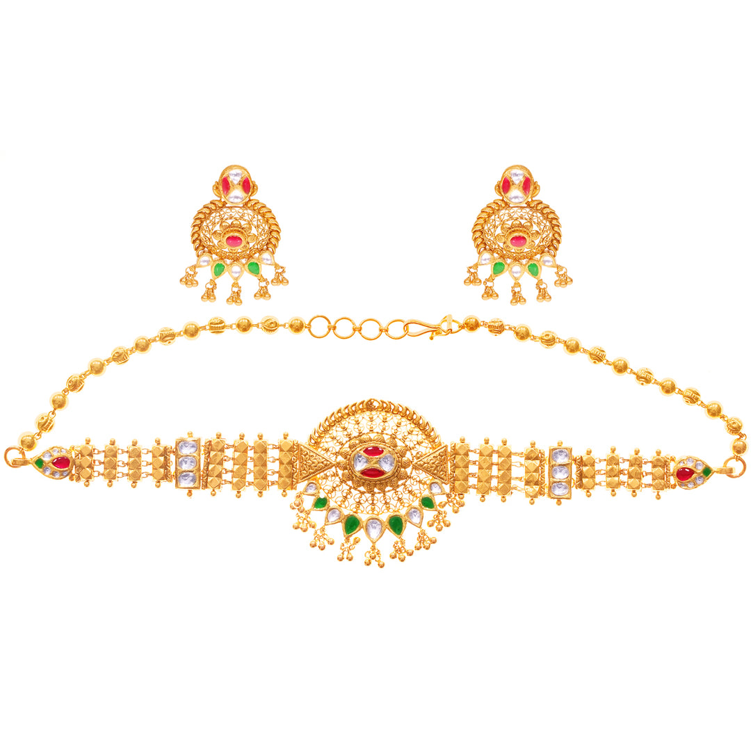 Brilliant Antique Choker Set With Kundan & Gemstones in 22K Gold
