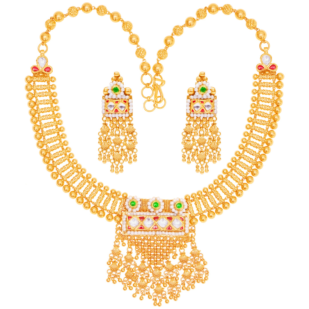 Delightful Antique Necklace Set With Kundan & Gemstones in 22K Gold