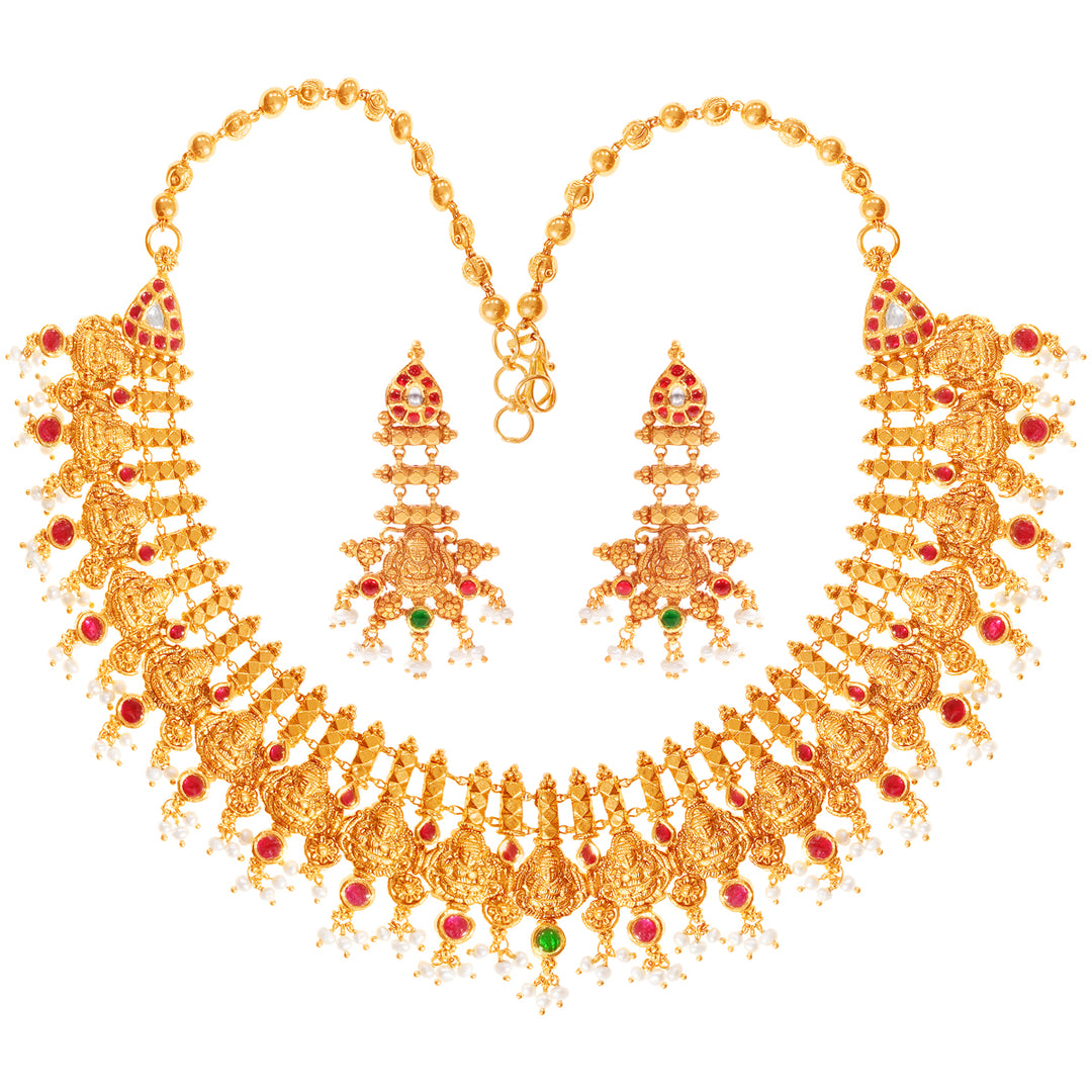 Intricate Laxmi Antique Necklace Set With Kundan & Gemstones in 22K Gold