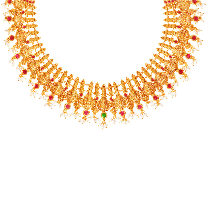 Intricate Laxmi Antique Necklace Set With Kundan & Gemstones in 22K Gold