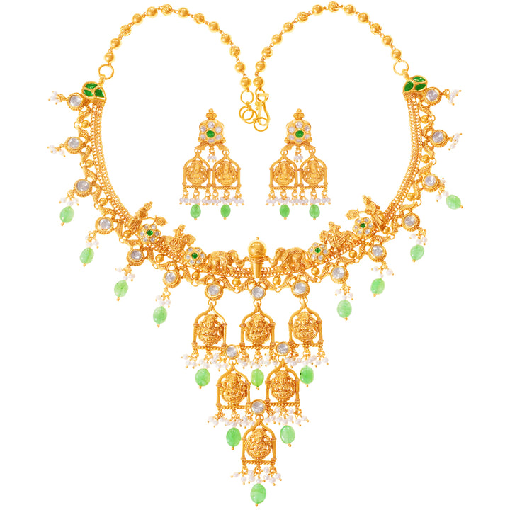 Charming Laxmi Antique Necklace Set With Kundan & Gemstones in 22K Gold