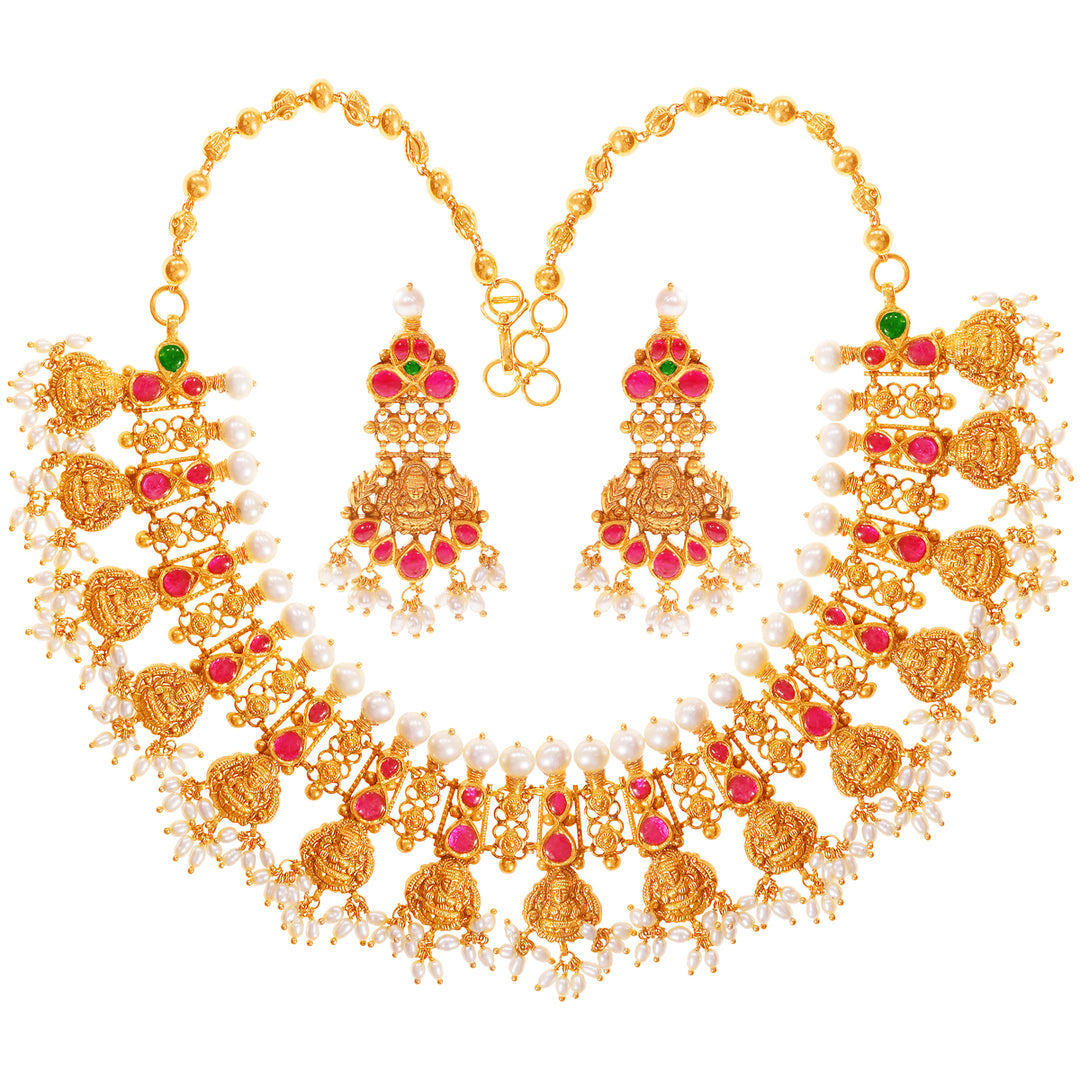 Delightful Laxmi Antique Gutta Pusalu Necklace Set With Kundan & Gemstones in 22K Gold