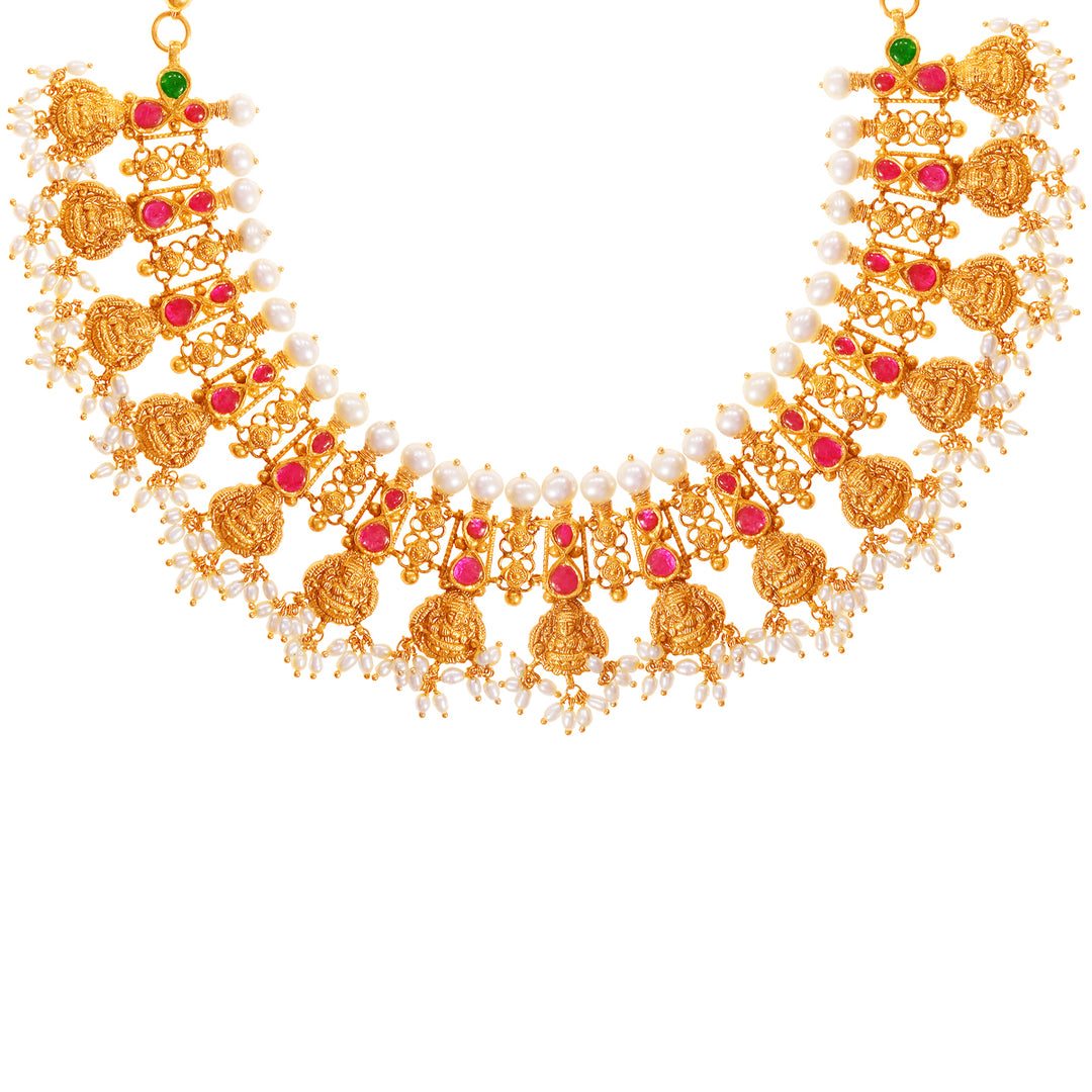 Delightful Laxmi Antique Gutta Pusalu Necklace Set With Kundan & Gemstones in 22K Gold