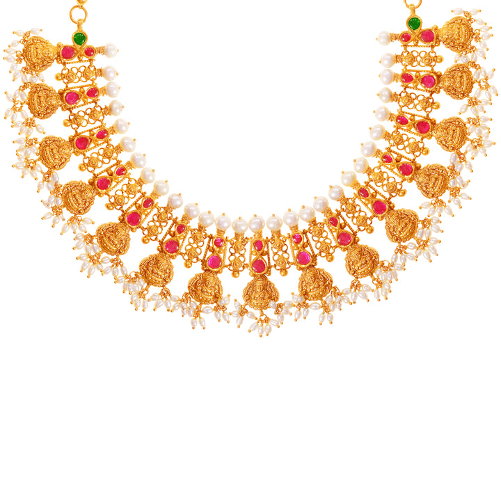 Delightful Laxmi Antique Gutta Pusalu Necklace Set With Kundan & Gemstones in 22K Gold