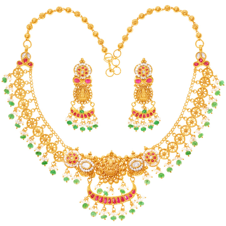 Brilliant Laxmi Antique Necklace Set With Kundan & Gemstones in 22K Gold