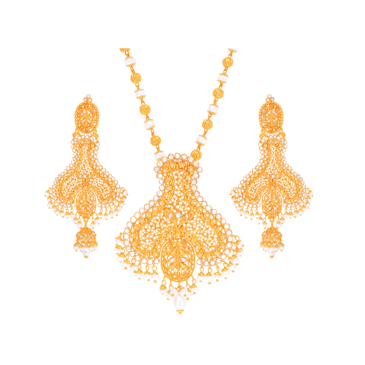 Gorgeous Antique Pendant Set With Pearl & CZ In 22K Gold
