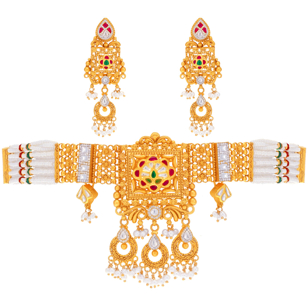 Charming Antique Choker Set With Kundan & Gemstones in 22K Gold