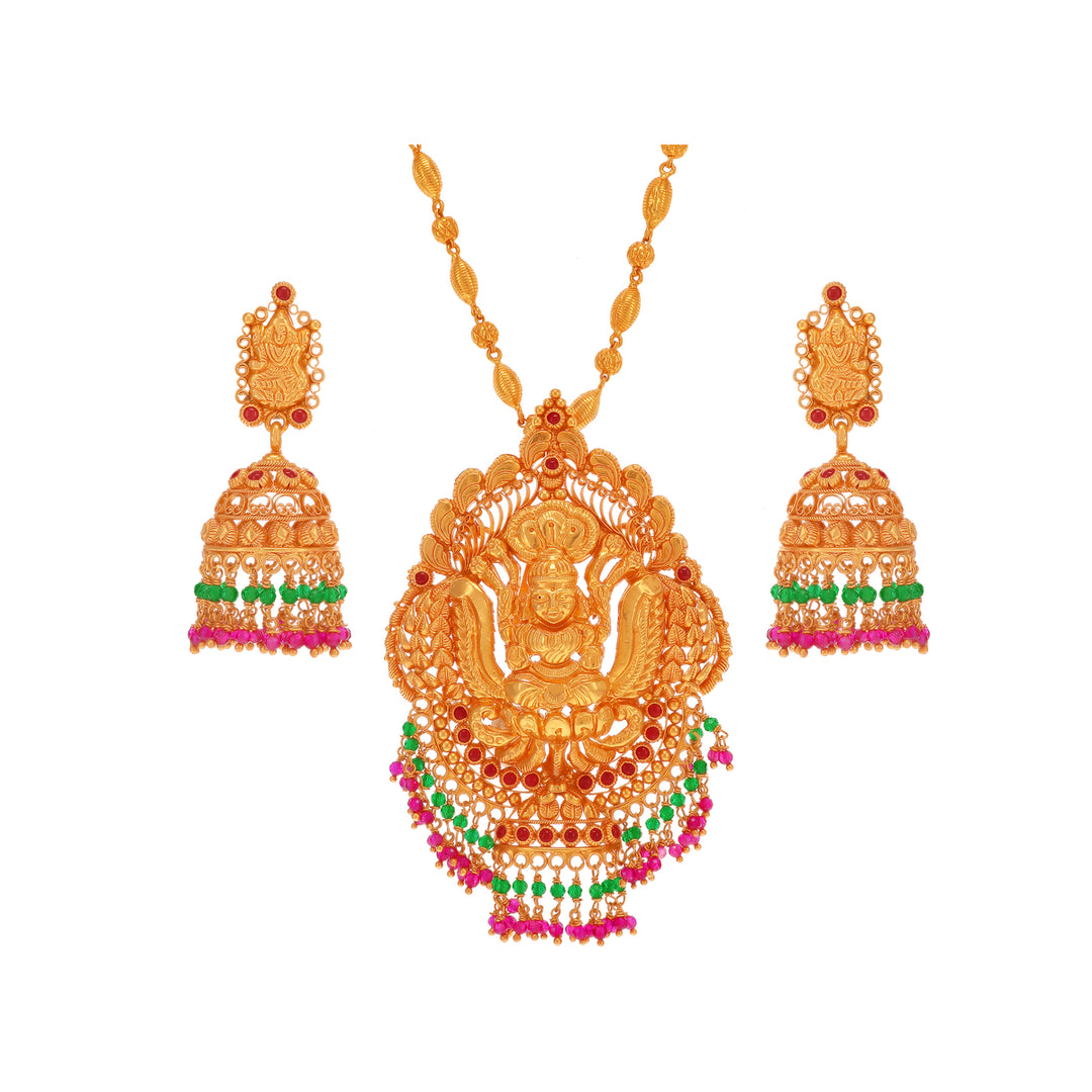 Precious Antique Laxmi Pendant Set With Ruby & Emerald in 22K Gold