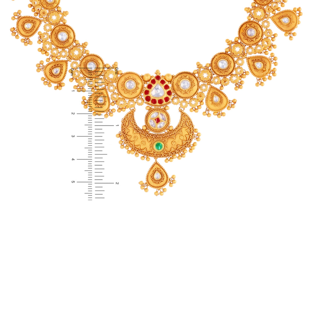 Ornamental Antique Necklace Set With Kundan & Gemstones in 22K Gold