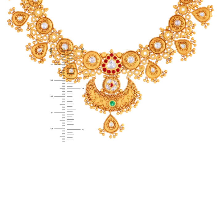 Ornamental Antique Necklace Set With Kundan & Gemstones in 22K Gold