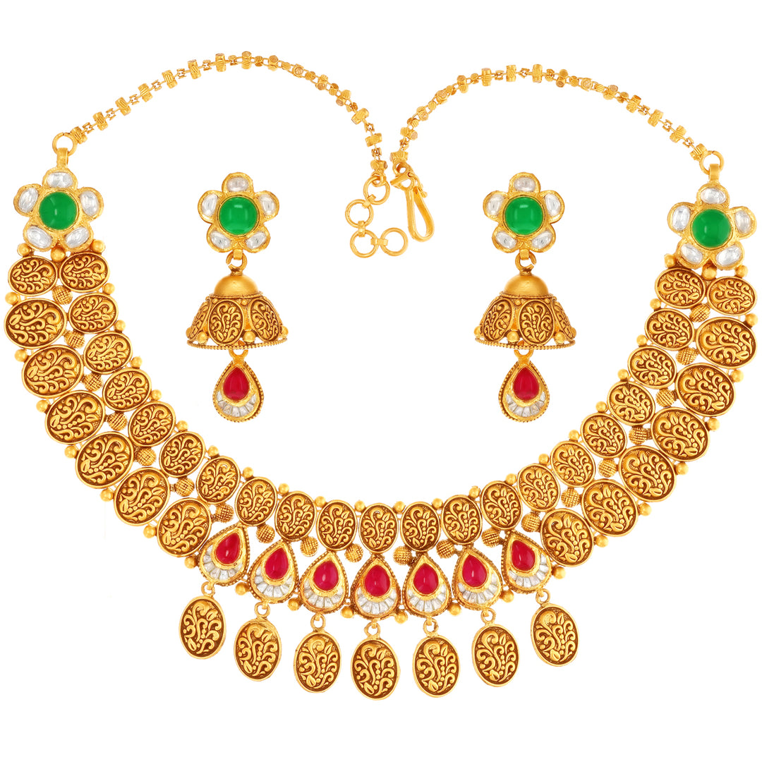 Elegant Antique Necklace Set With Kundan & Gestones in 22K Gold