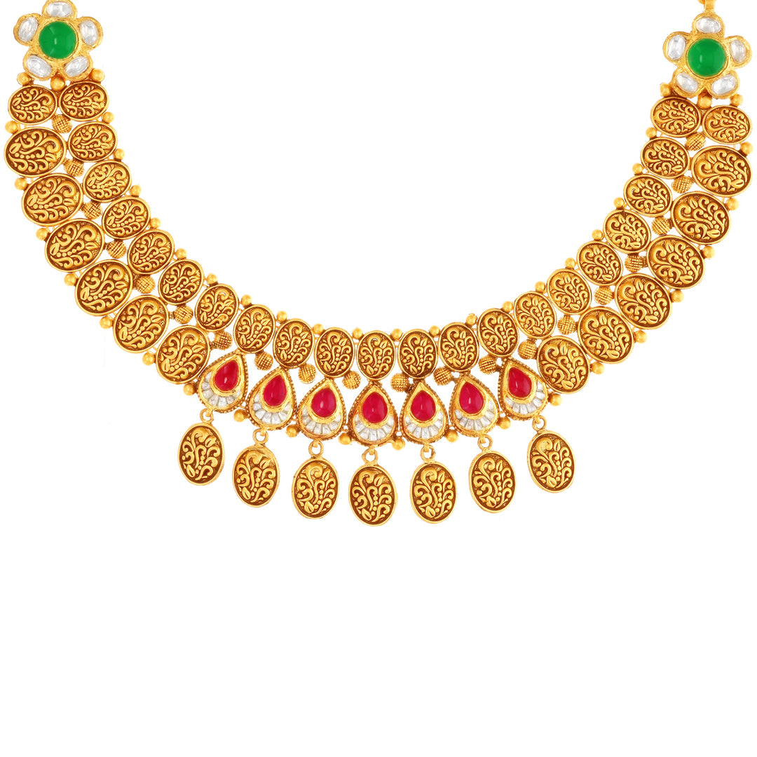 Elegant Antique Necklace Set With Kundan & Gestones in 22K Gold