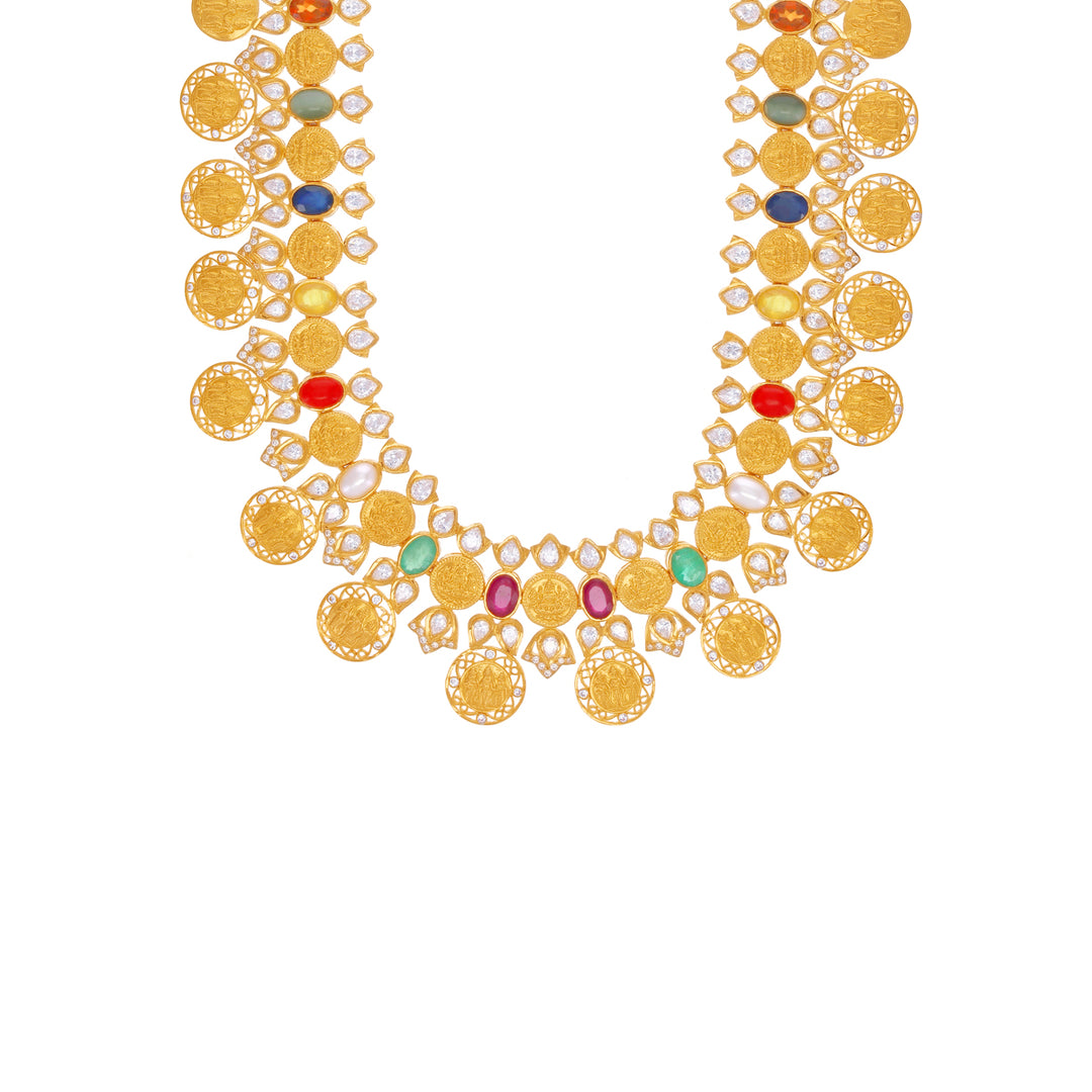 Artistic Ram Parivar Paata Haaram With Navratan & CZ in 22K Gold