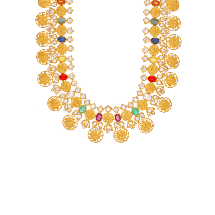 Artistic Ram Parivar Paata Haaram With Navratan & CZ in 22K Gold