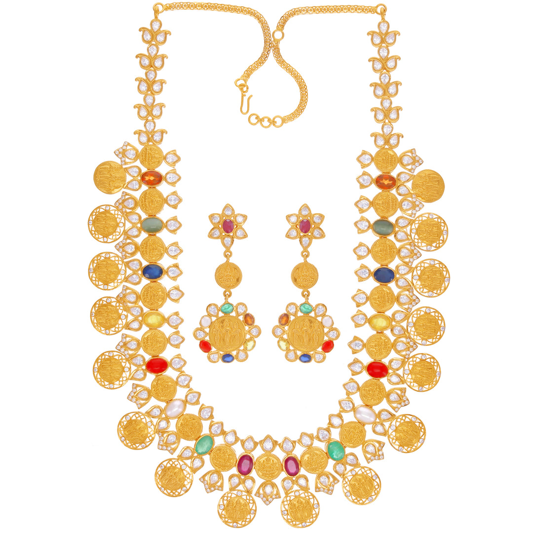 Artistic Ram Parivar Paata Haaram With Navratan & CZ in 22K Gold