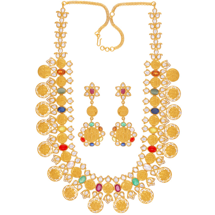 Artistic Ram Parivar Paata Haaram With Navratan & CZ in 22K Gold