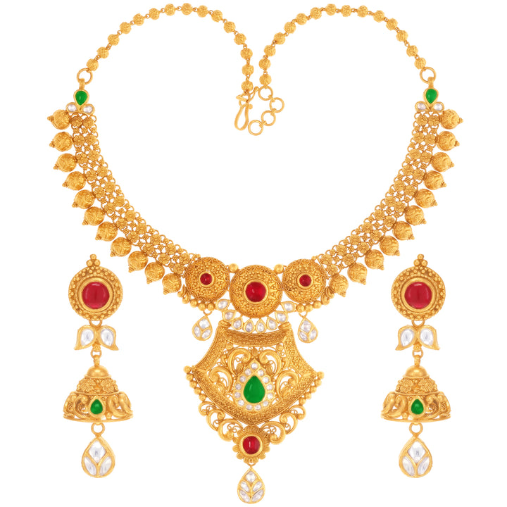 Distinctive Antique Necklace Set With Kundan Ruby & Emerald in 22K Gold