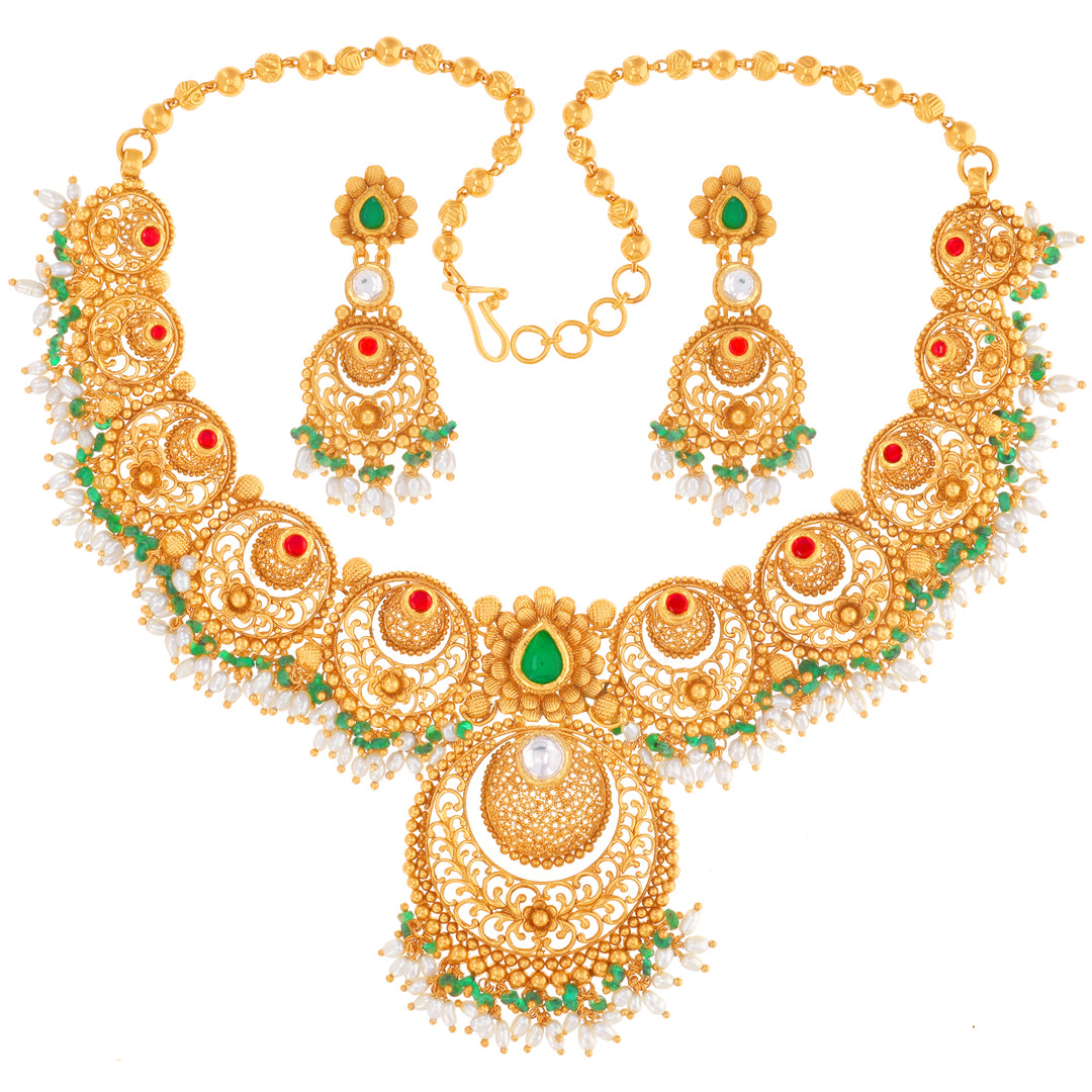 Charming Antique Gutta Pusalu Necklace Set With Kundan & Gemstones in 22K Gold