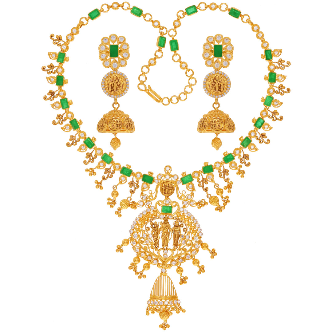 Intriguing Antique Necklace Set With Emerald & CZ in 22K Gold