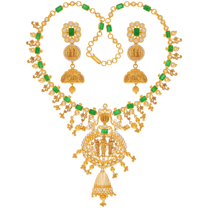 Intriguing Antique Necklace Set With Emerald & CZ in 22K Gold
