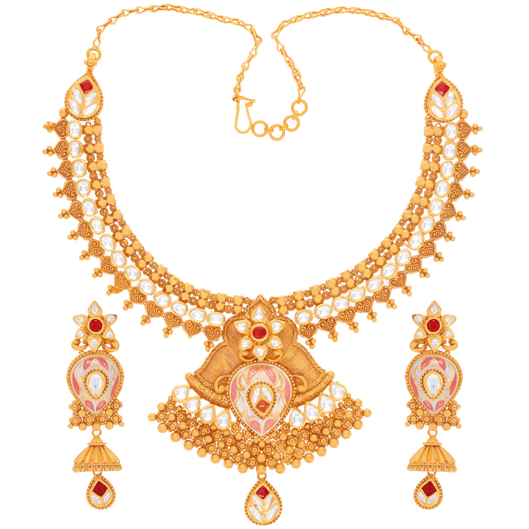 Classic Antique Minakari Necklace Set With Kundan & Gemstons in 22K Gold