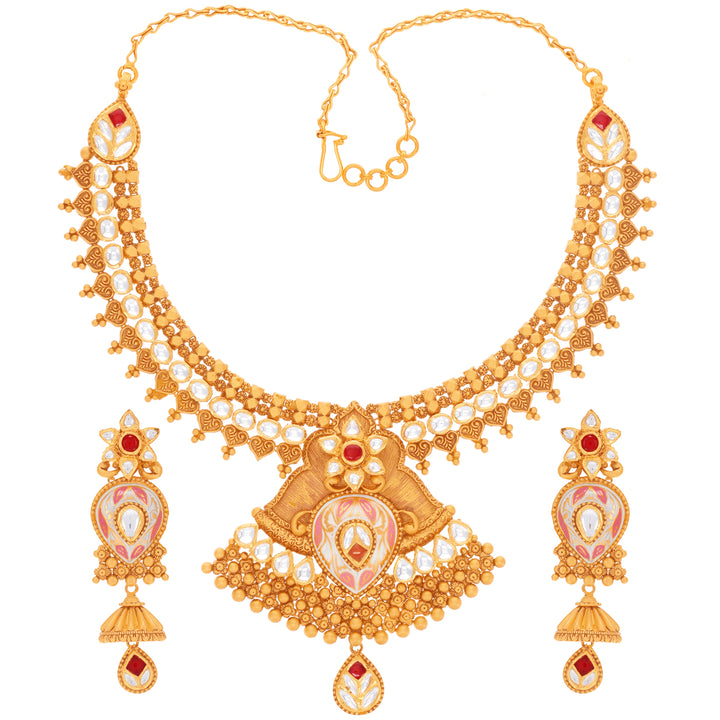 Classic Antique Minakari Necklace Set With Kundan & Gemstons in 22K Gold