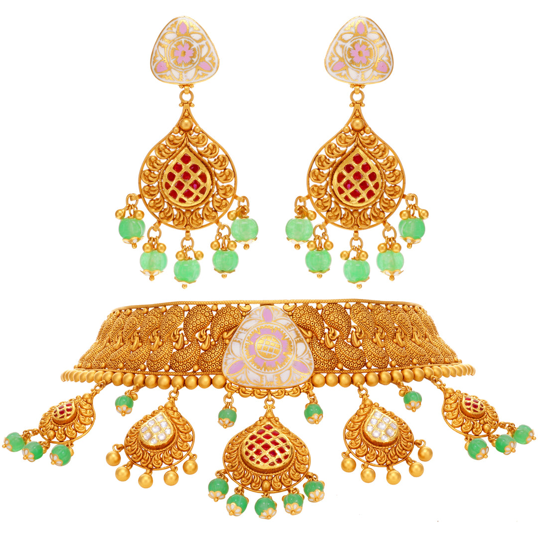 Classic Antique Minakari Choker Set With Kundan & Gemstones in 22K Gold