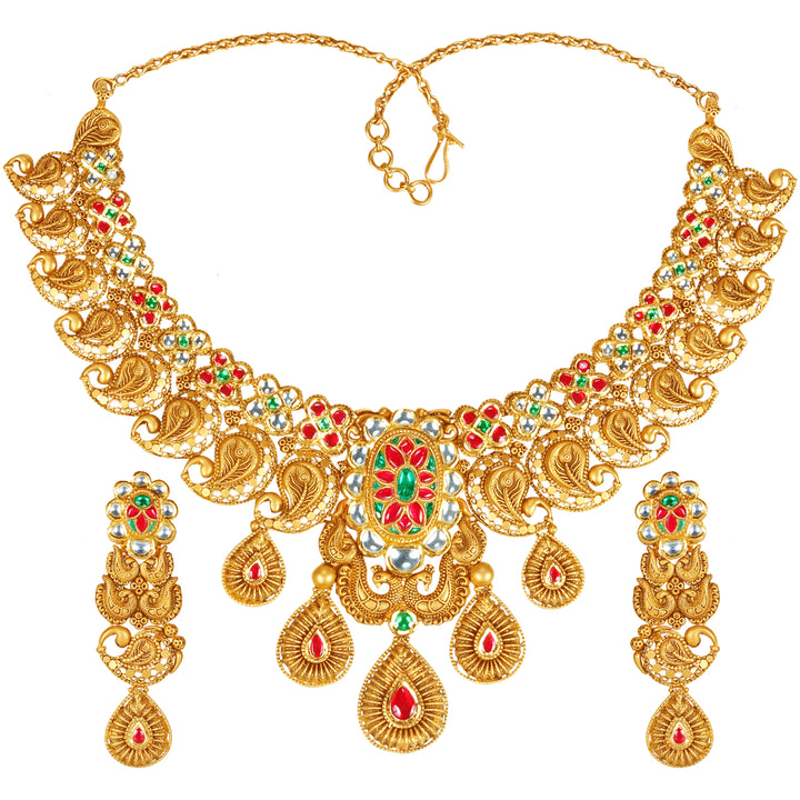 Exquisite Antique Necklace Set with Kundan Gemstones in 22K Gold