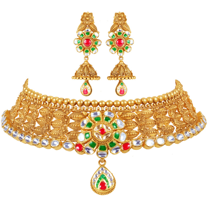 Ornamental Antique Choker Set with Kundan Gemstones in 22K Gold