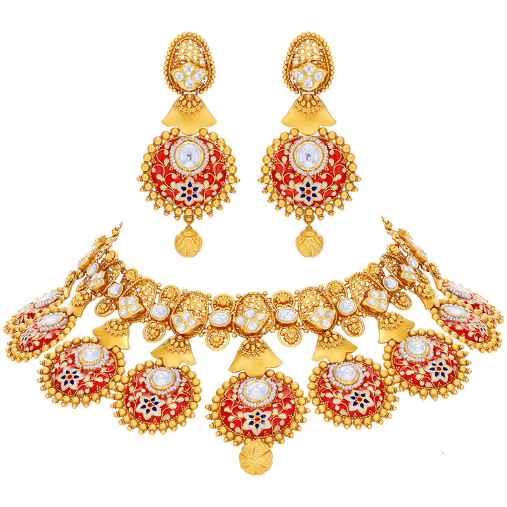 Antique Minakari Choker Set with Kundan & Gemstones in 22K Gold