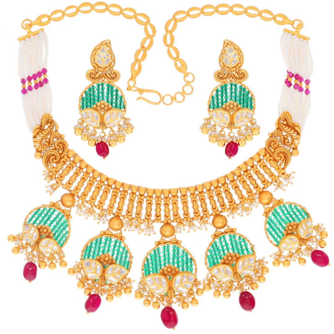 Delightful Antique Necklace Set With Kundan & Gemstones in 22K Gold