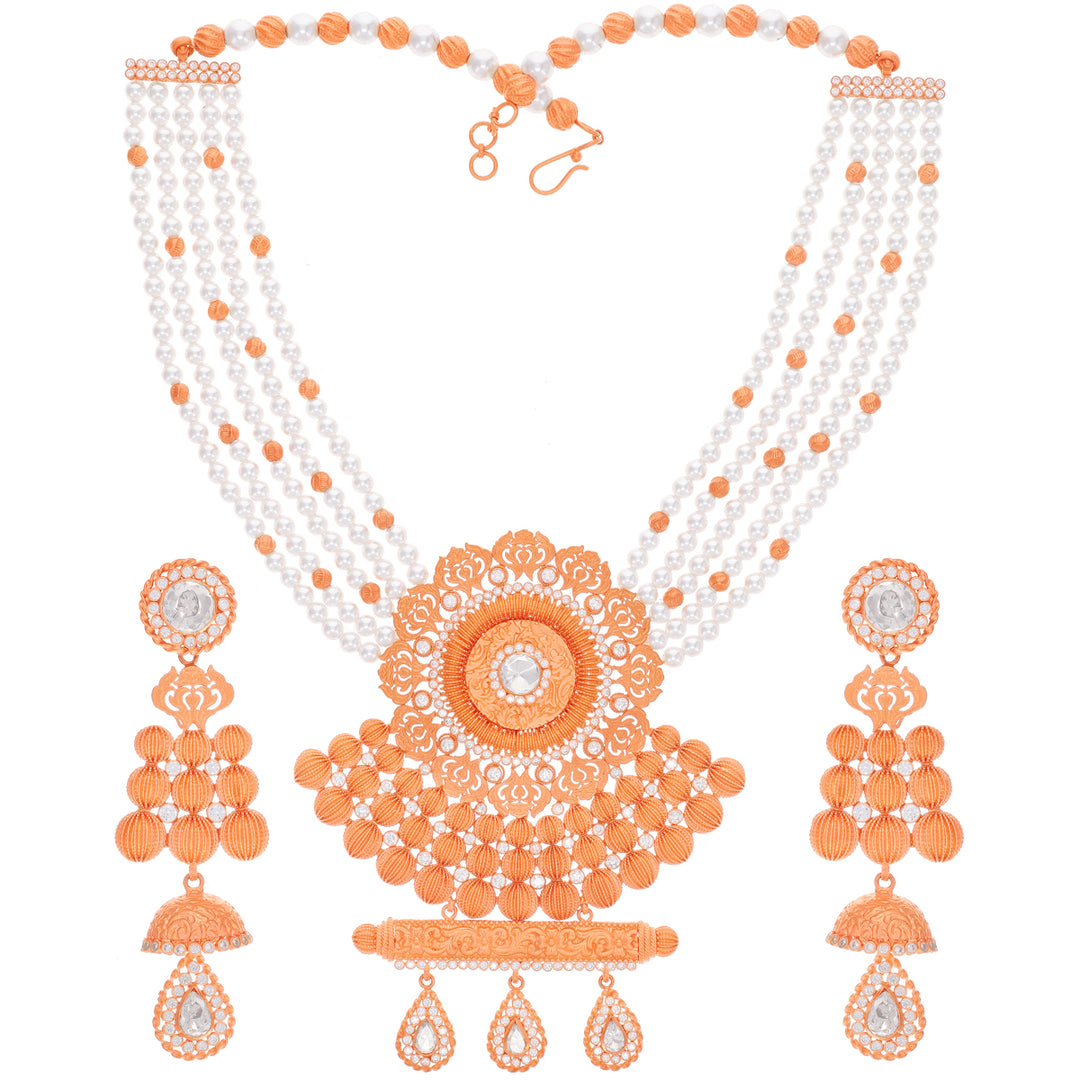 Enchanting Antique Necklace Set With White Polki & Pearl in 22K Rose Gold