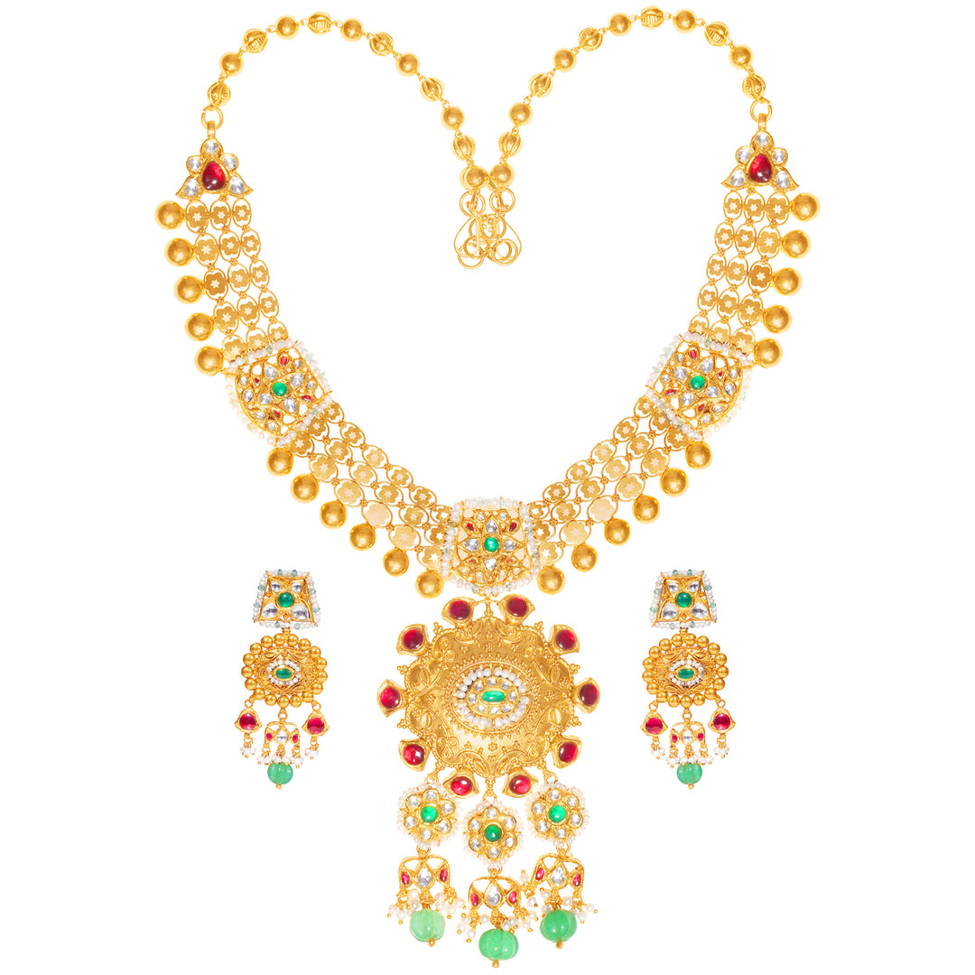 Enchanting Antique Necklace Set With Kundan & Gemstones in 22K Gold