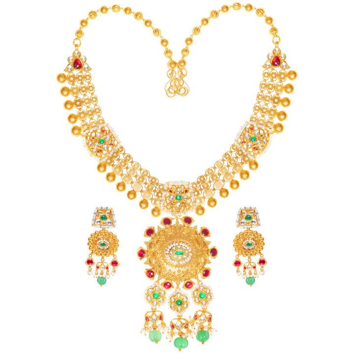 Enchanting Antique Necklace Set With Kundan & Gemstones in 22K Gold