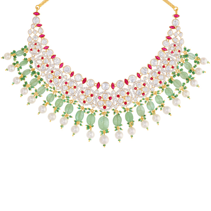 Graceful Antique Necklace Set With Kundan & Gemstones in 18K Gold
