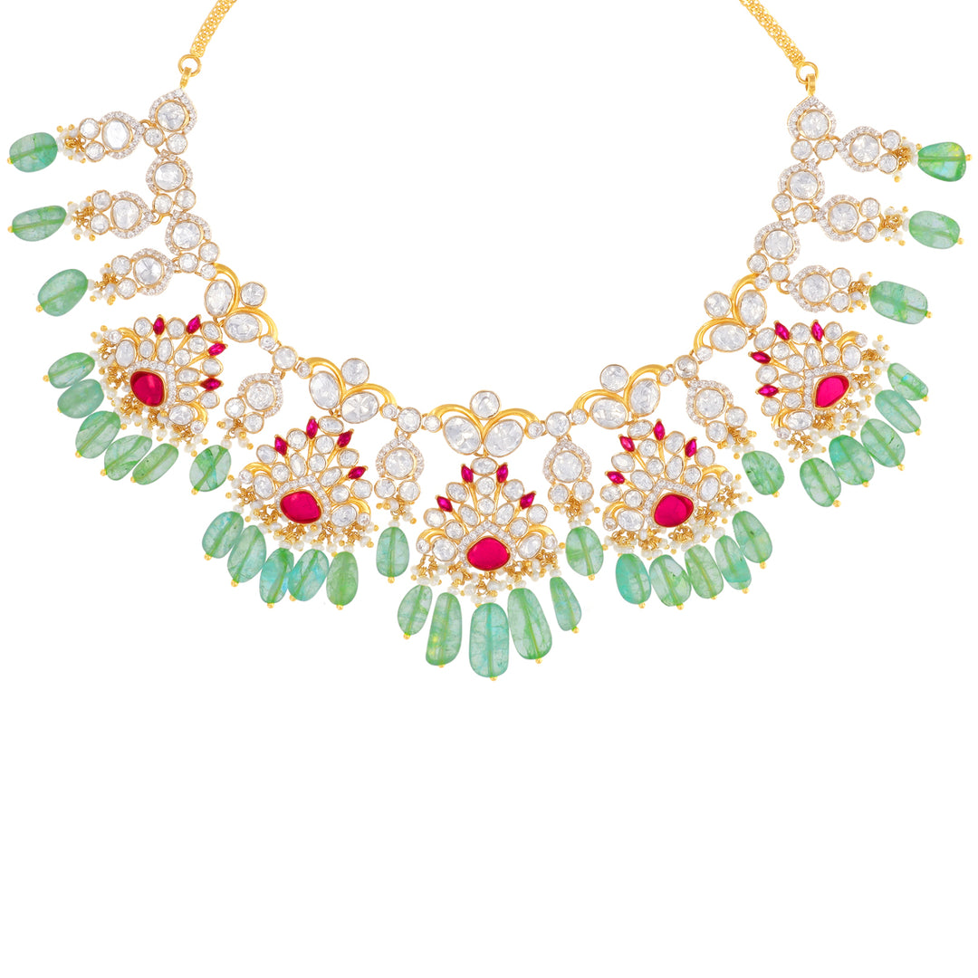 Elegant Antique Necklace Set With Kundan & Gemstones in 18K Gold
