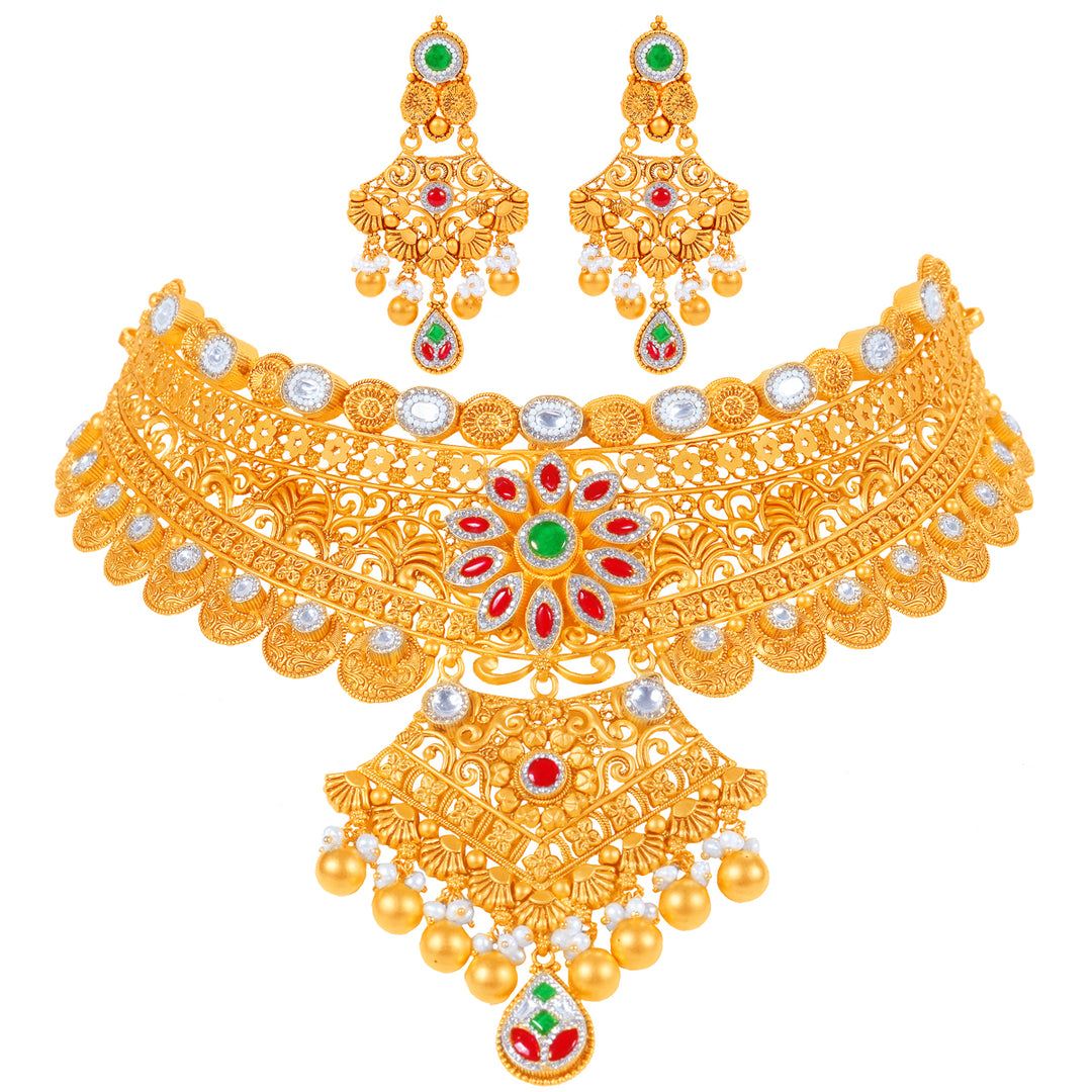 Ravishing Antique Choker Set With Kundan & Gemstones in 22K Gold