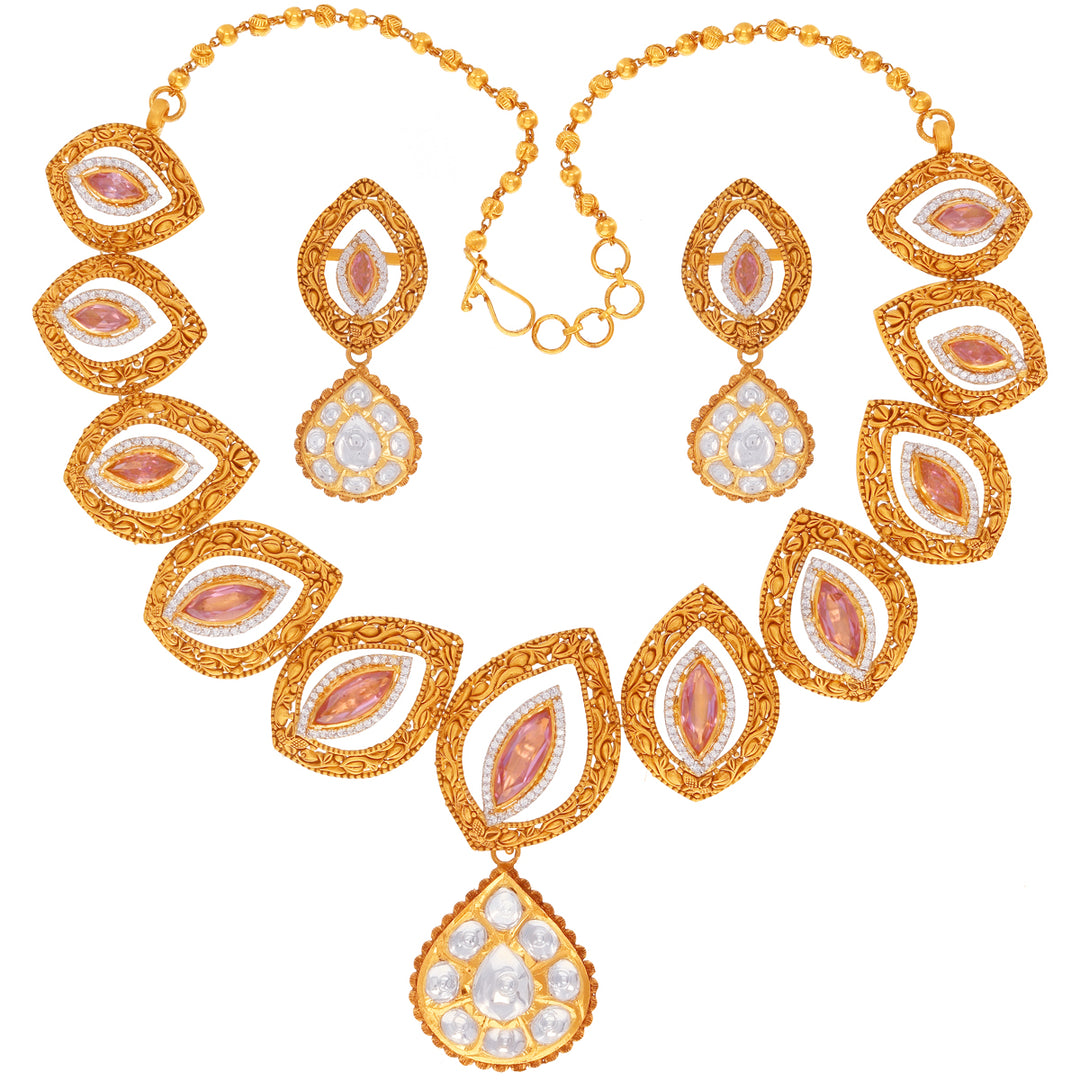 Ravishing Antique Necklace Set With Kundan & Gemstones in 22K Gold