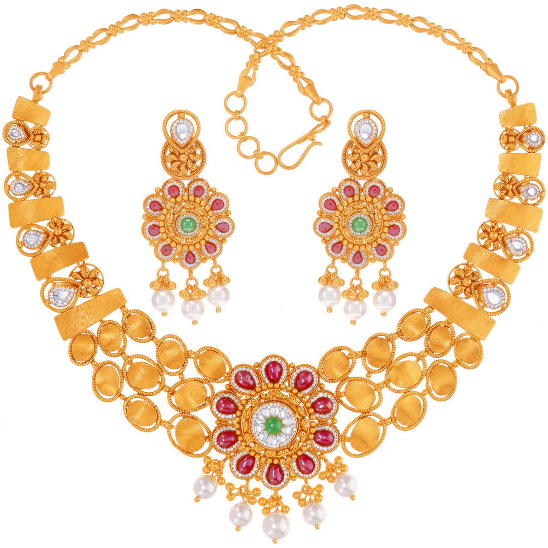 Glamorous Antique Necklace Set With Kundan & Gemstones in 22K Gold