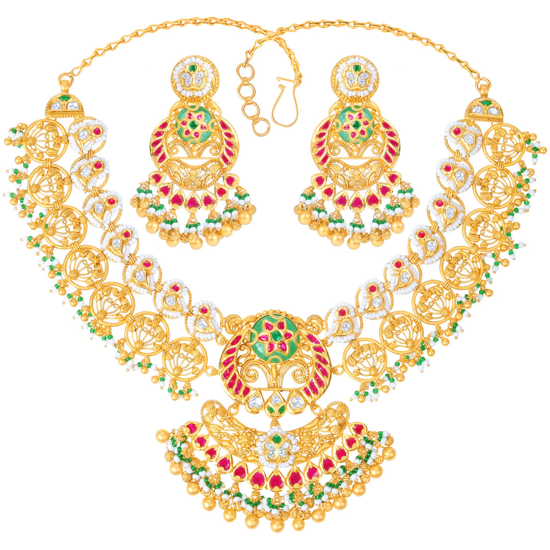 Alluring Antique Necklace Set With Kundan & Gemstones in 22K Gold